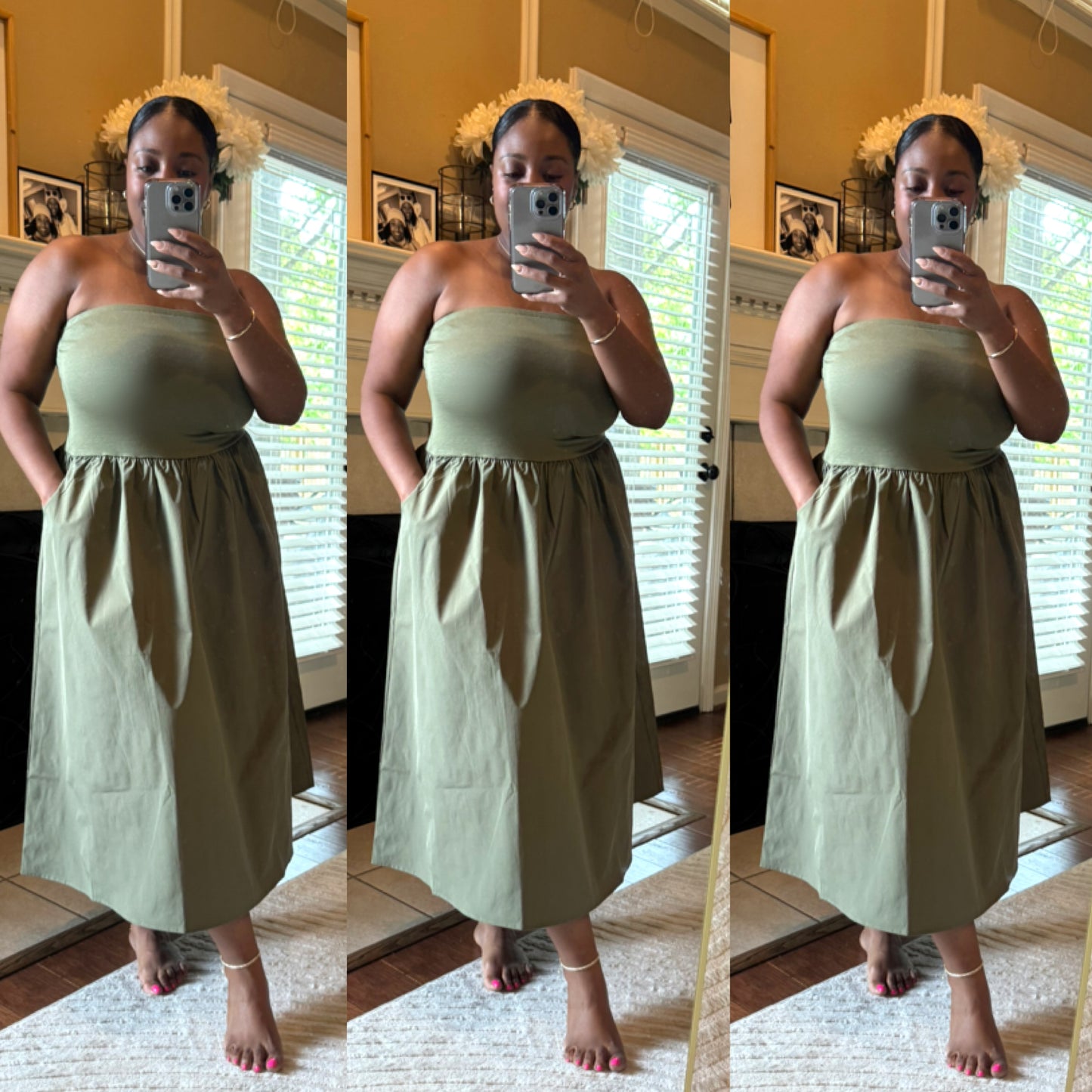Strapless Midi Dress-Olive