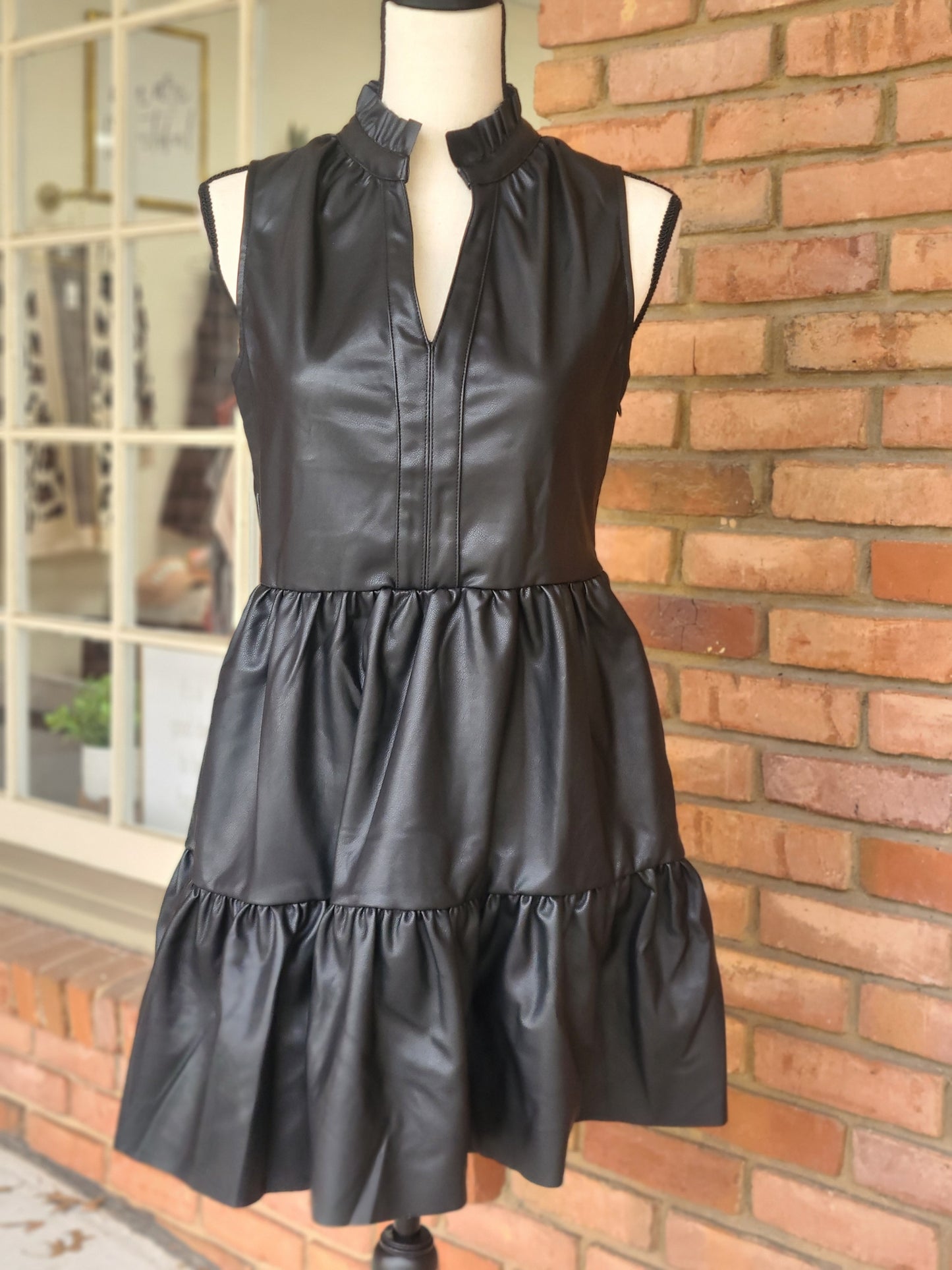 Faux Leather Sleeveless Ruffle Dress