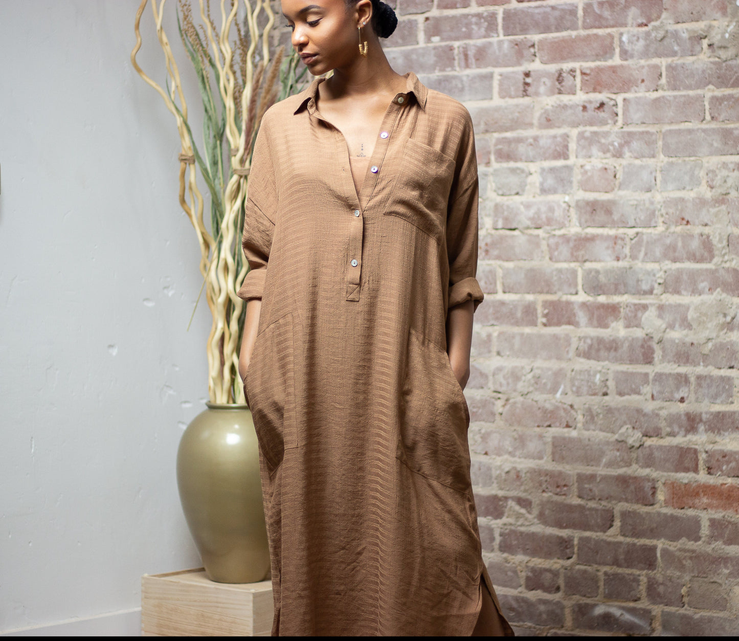 Your Favorite Button Up Shirt Midi Dress (Tan)