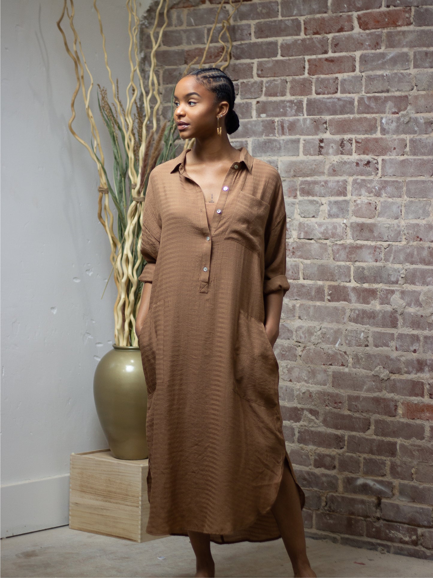 Your Favorite Button Up Shirt Midi Dress (Tan)