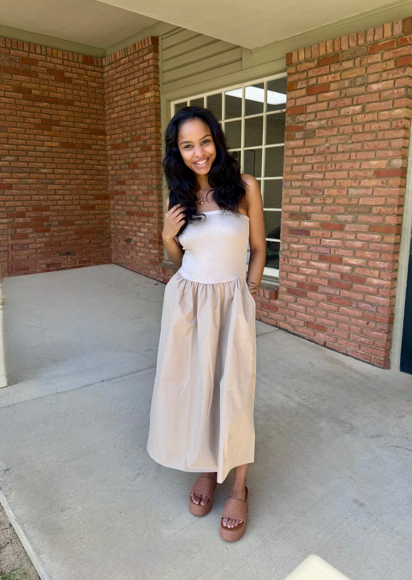 Strapless Midi Dress-Tan