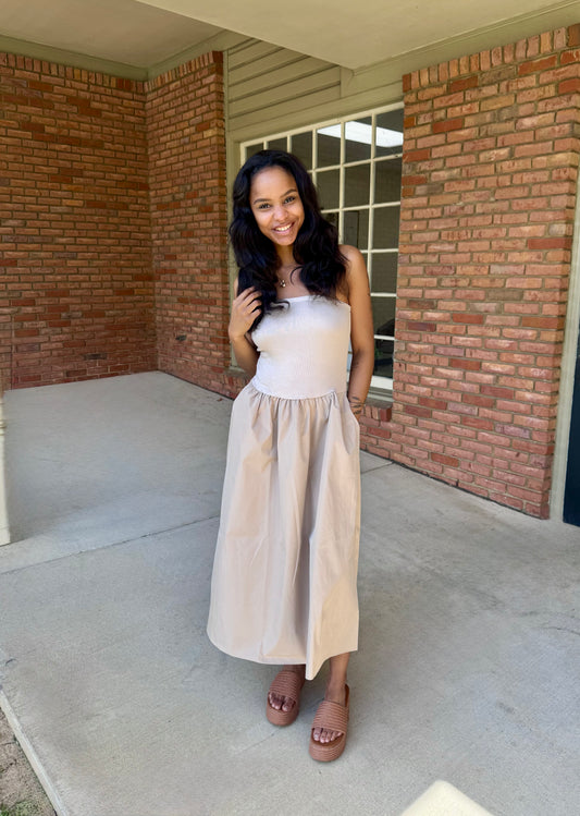 Strapless Midi Dress-Tan