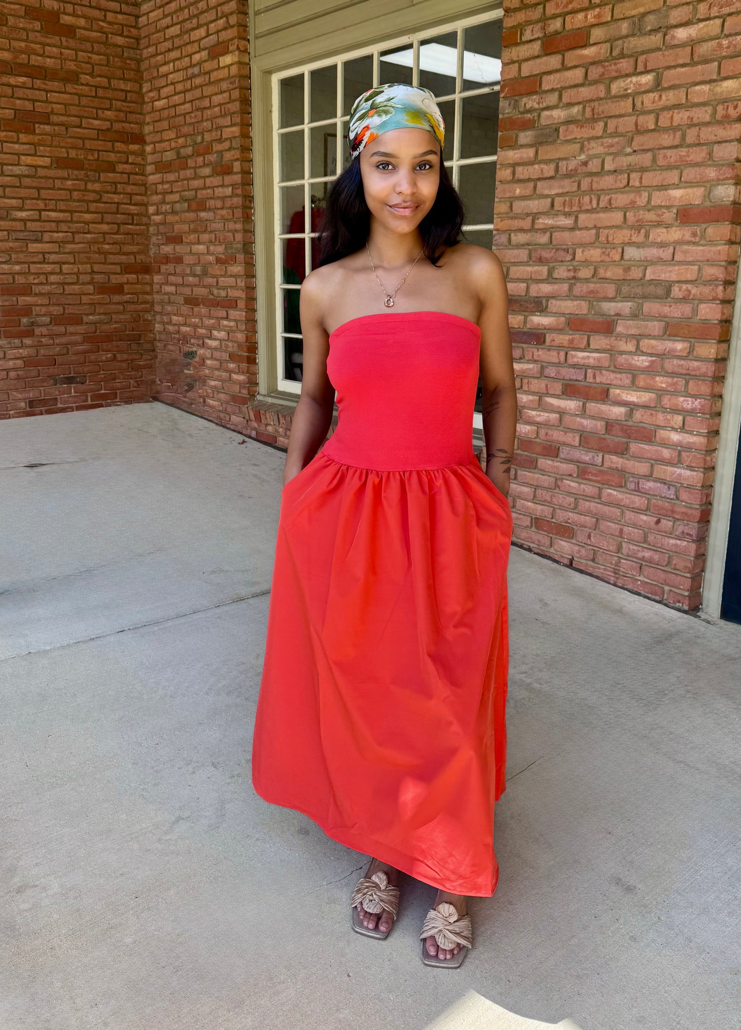 Strapless Midi Dress-Tangerine