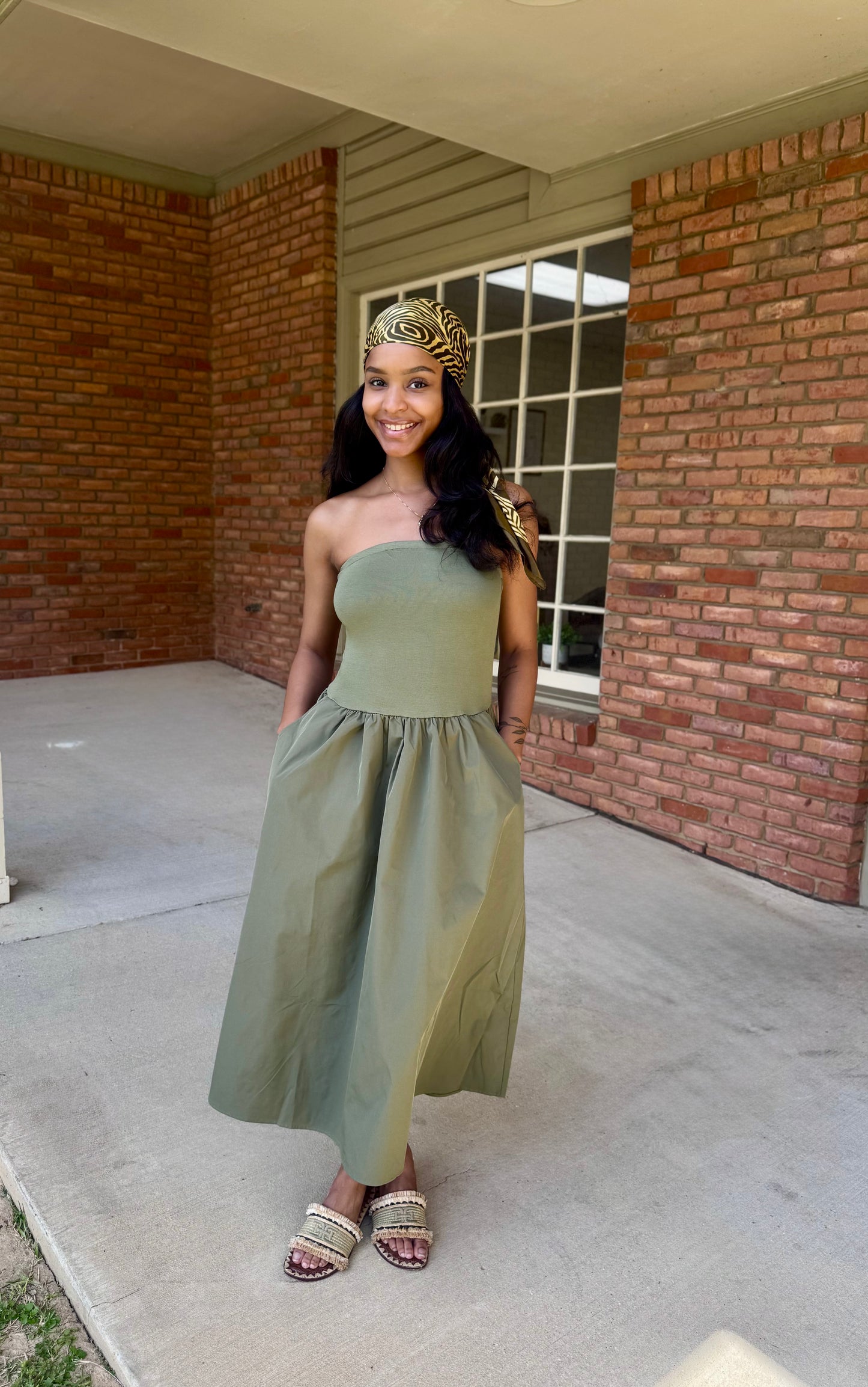 Strapless Midi Dress-Olive