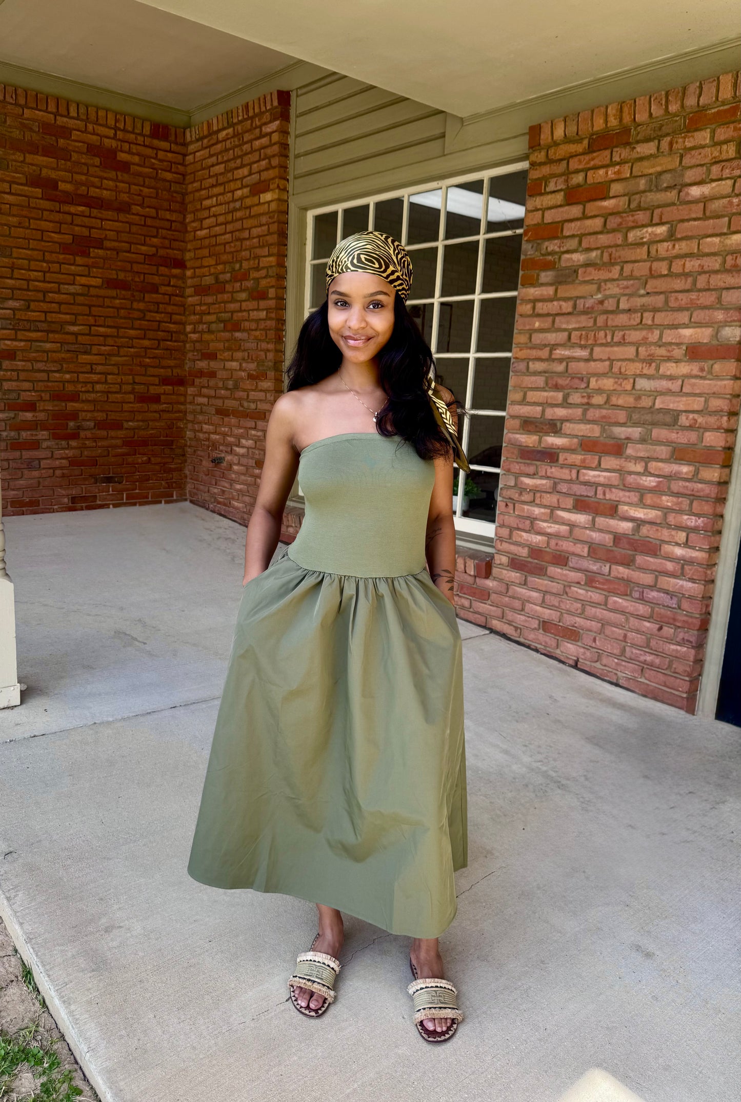 Strapless Midi Dress-Olive