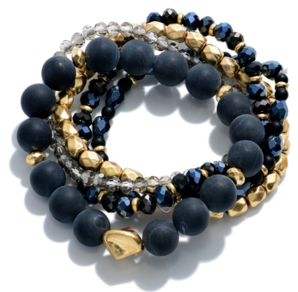 Blue and Gold Beaded Stretch Bracelet