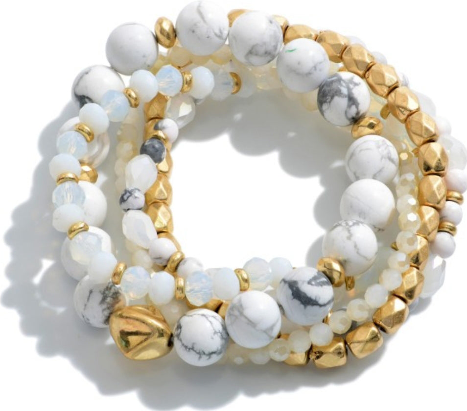 White and Gold Beaded Stretch Bracelet